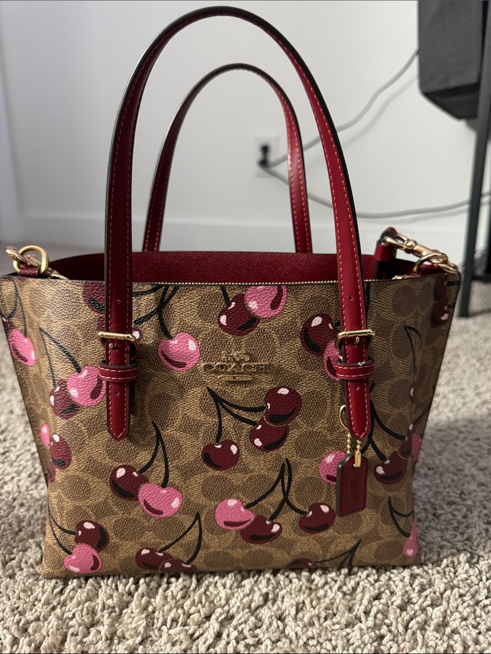 Coach Cherry-Print Mini Tote in Brown, Pink and Red